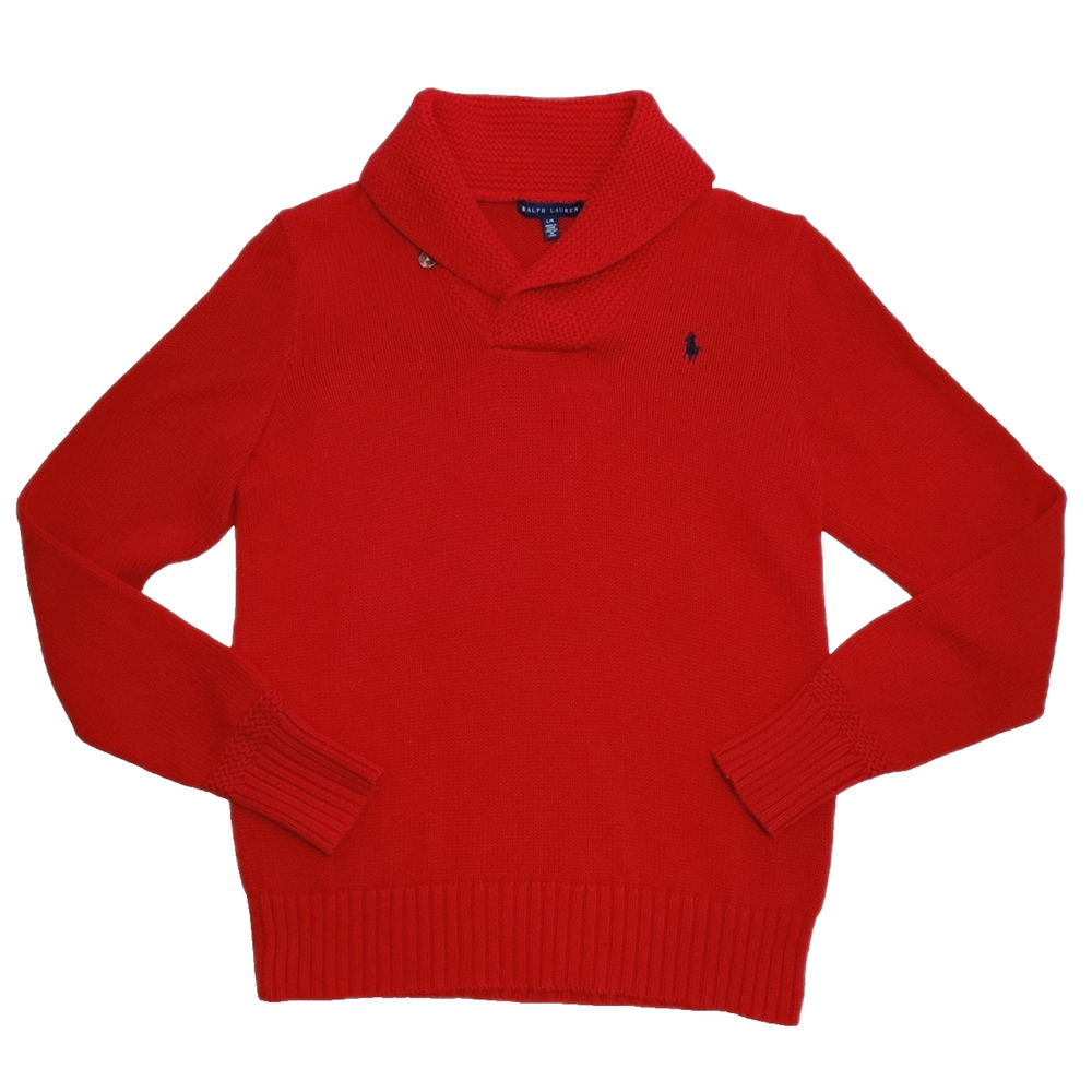 Ralph Lauren Womens Fisherman Sweater Sz L Red Knit Cotton Classic Shawl Collar